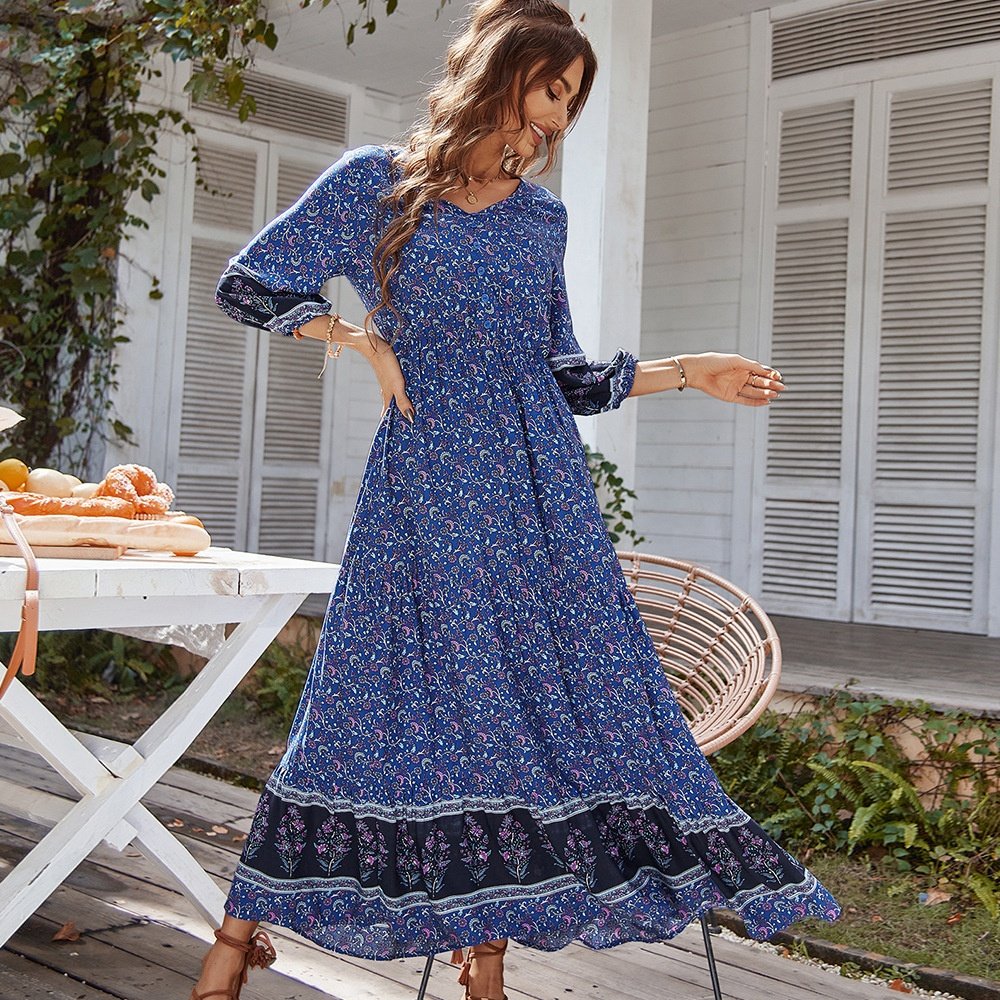 2022 Print Summer Vintage Bohemian Stitching Casual Holiday Dress Women Elegant Casual Holiday Beach Vacation Dresses