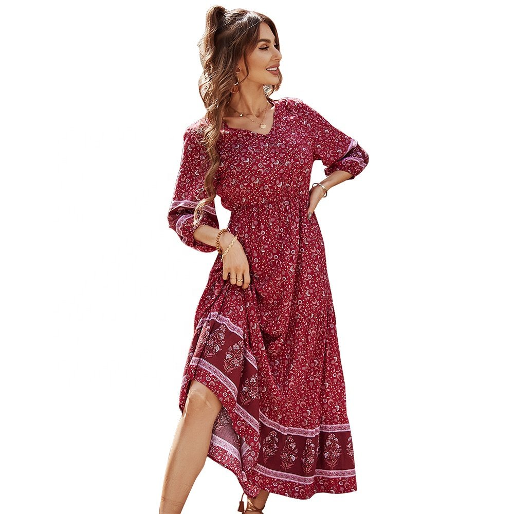 2022 Print Summer Vintage Bohemian Stitching Casual Holiday Dress Women Elegant Casual Holiday Beach Vacation Dresses