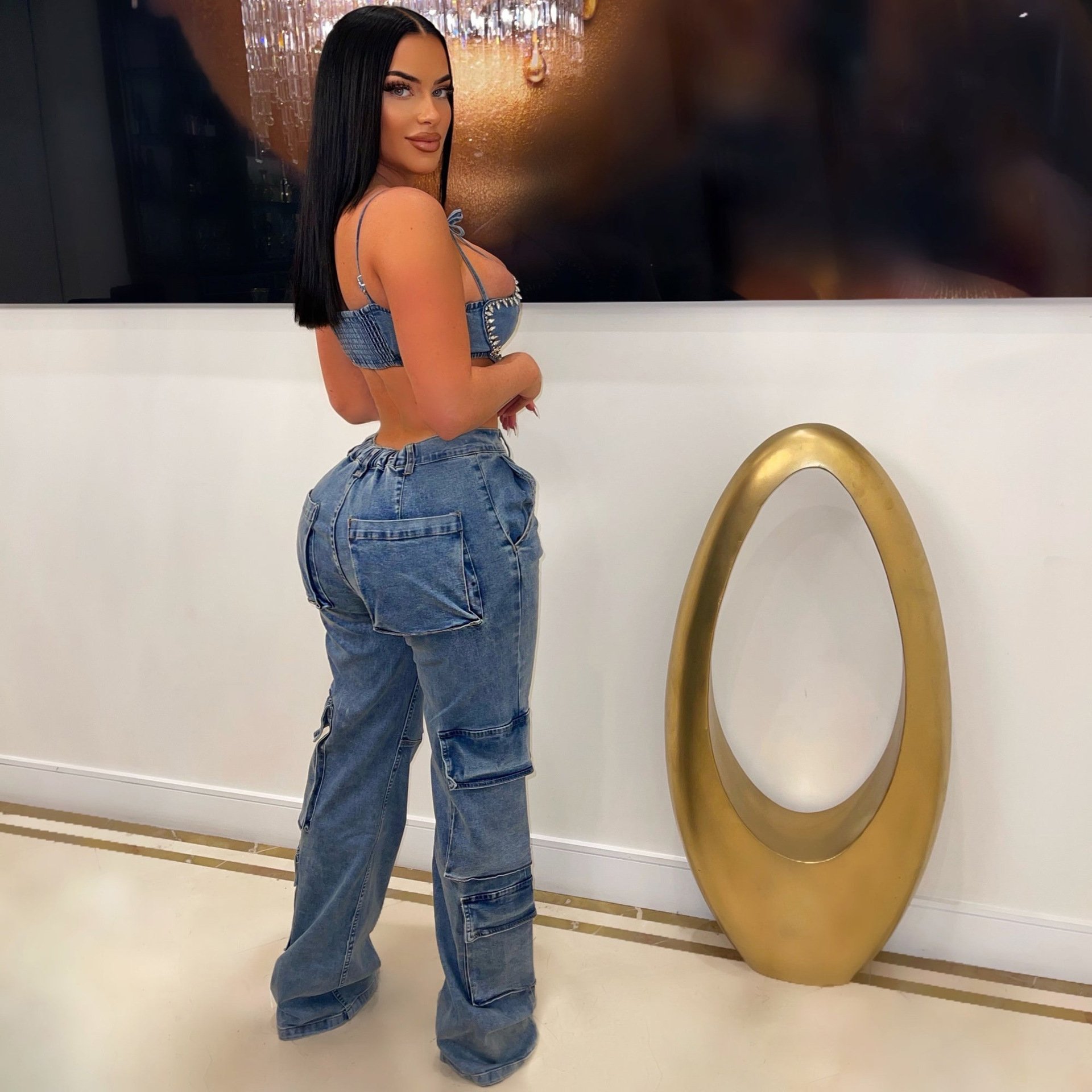 C11002 fashion denim long pockets casual ladies jeans