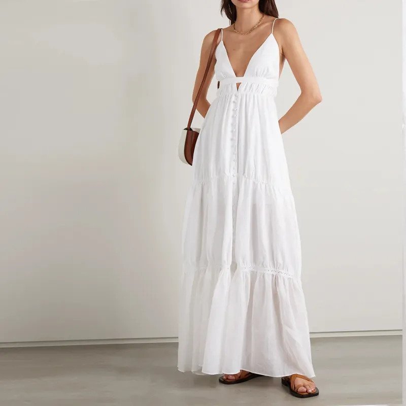 2023 Wholesale Price V-neck Backless Dress Summer Cotton Long Casual Dresses For Women