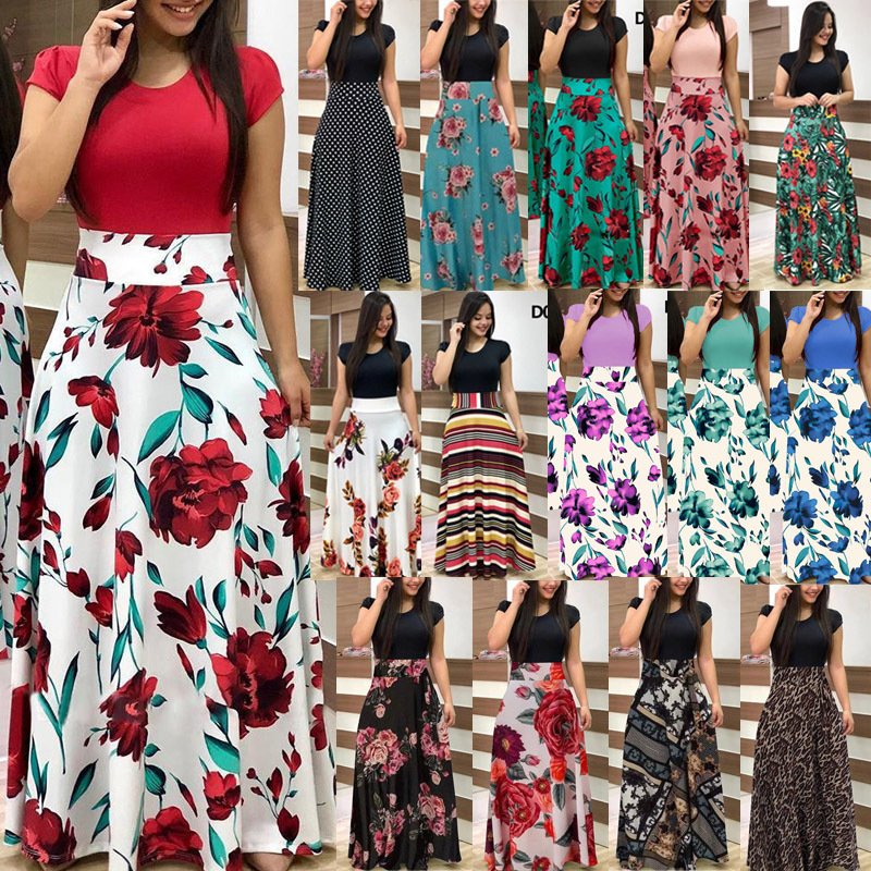 PASUXI New Fashion Women Summer Skirts Floral Printed High Waist Ladies Floral Maxi Dress Casual Party Dresses Women