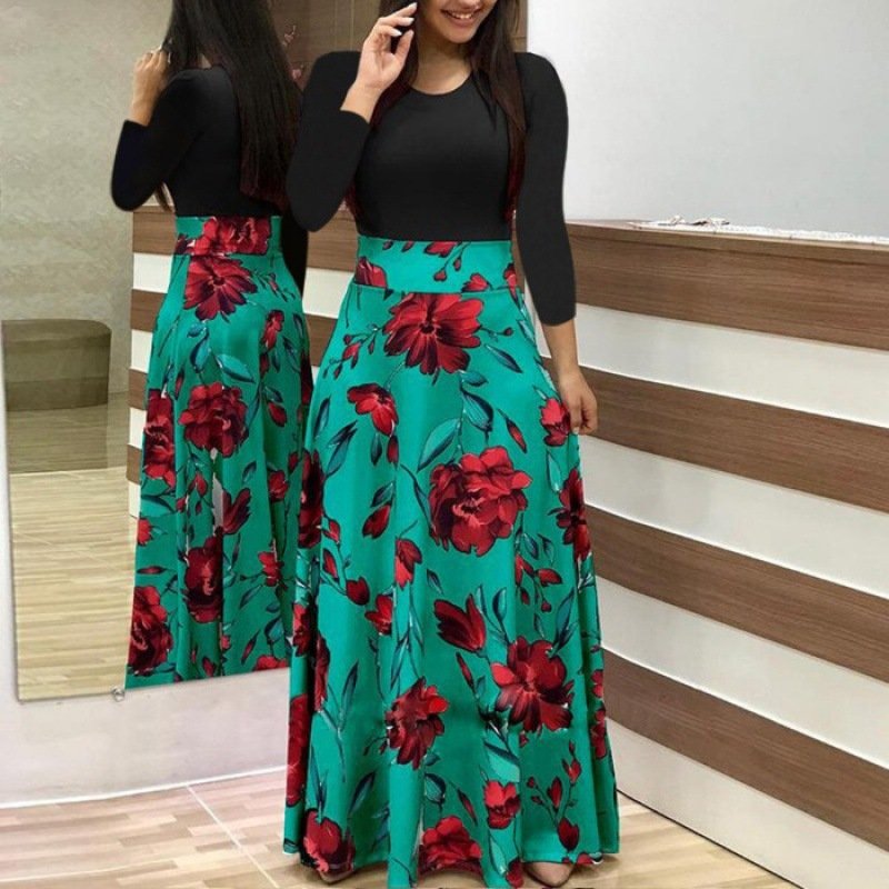 PASUXI New Fashion Women Summer Skirts Floral Printed High Waist Ladies Floral Maxi Dress Casual Party Dresses Women