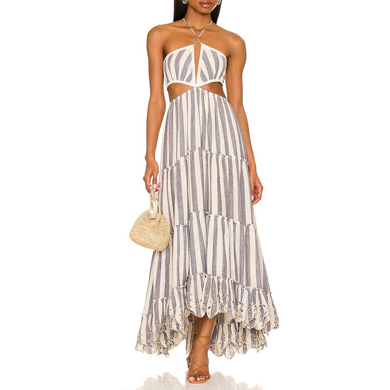 Women sexy cut out halter neck striped shinny fabric fir and flare maxi casual dresses