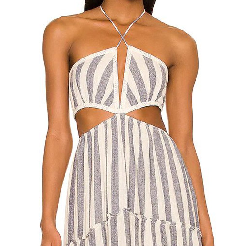 Women sexy cut out halter neck striped shinny fabric fir and flare maxi casual dresses