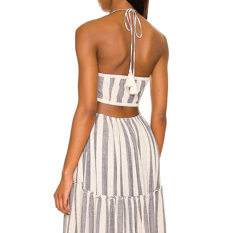 Women sexy cut out halter neck striped shinny fabric fir and flare maxi casual dresses