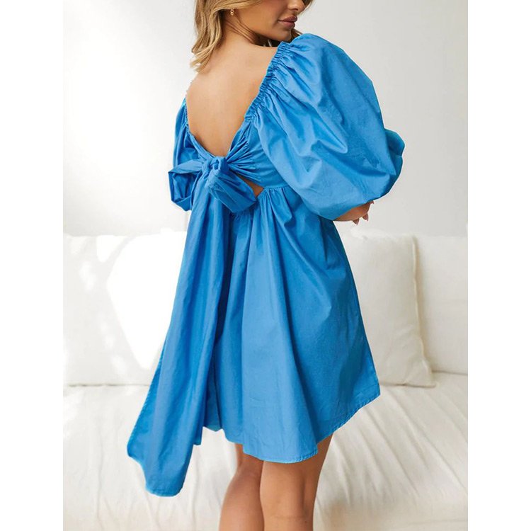 2024 Spring Fashion Luxury Clothing Big Puff Sleeves Square Neck Pleated Cotton Linen Tie Backless Mini Women Casual Dress