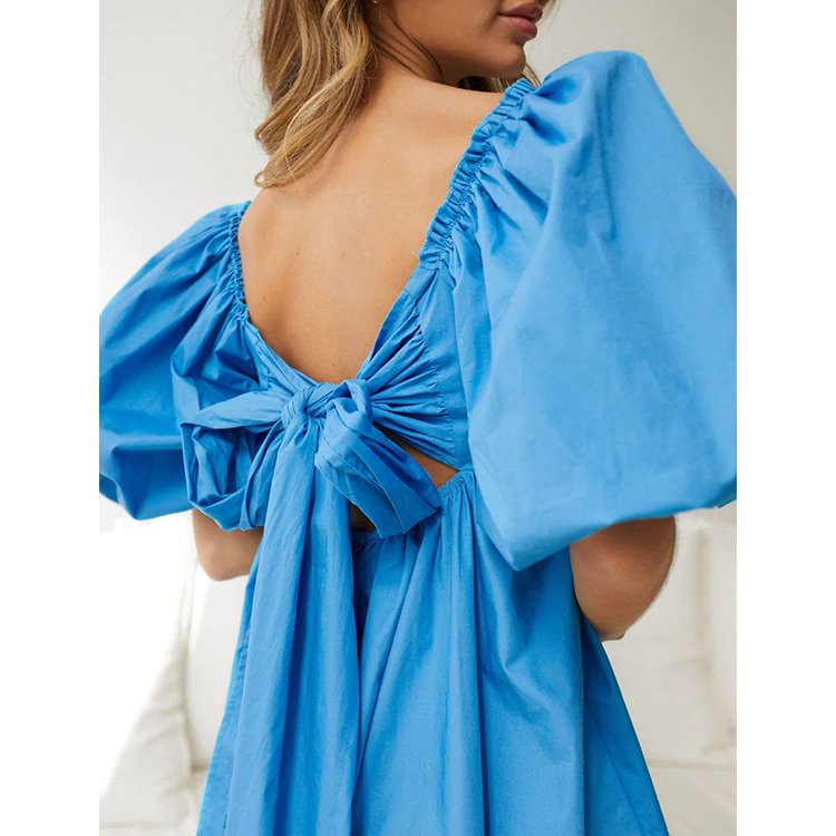 2024 Spring Fashion Luxury Clothing Big Puff Sleeves Square Neck Pleated Cotton Linen Tie Backless Mini Women Casual Dress