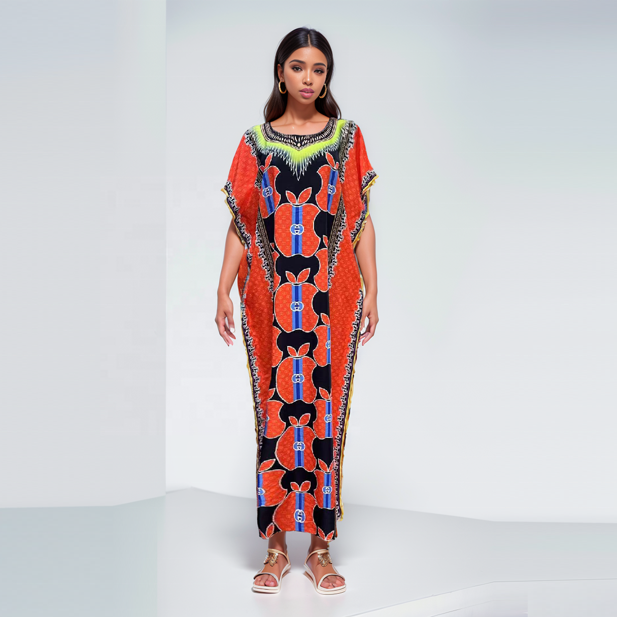 New Popular Item Europe America Loose Apple Design Headscarf African Printed Summer Women Casual Dress