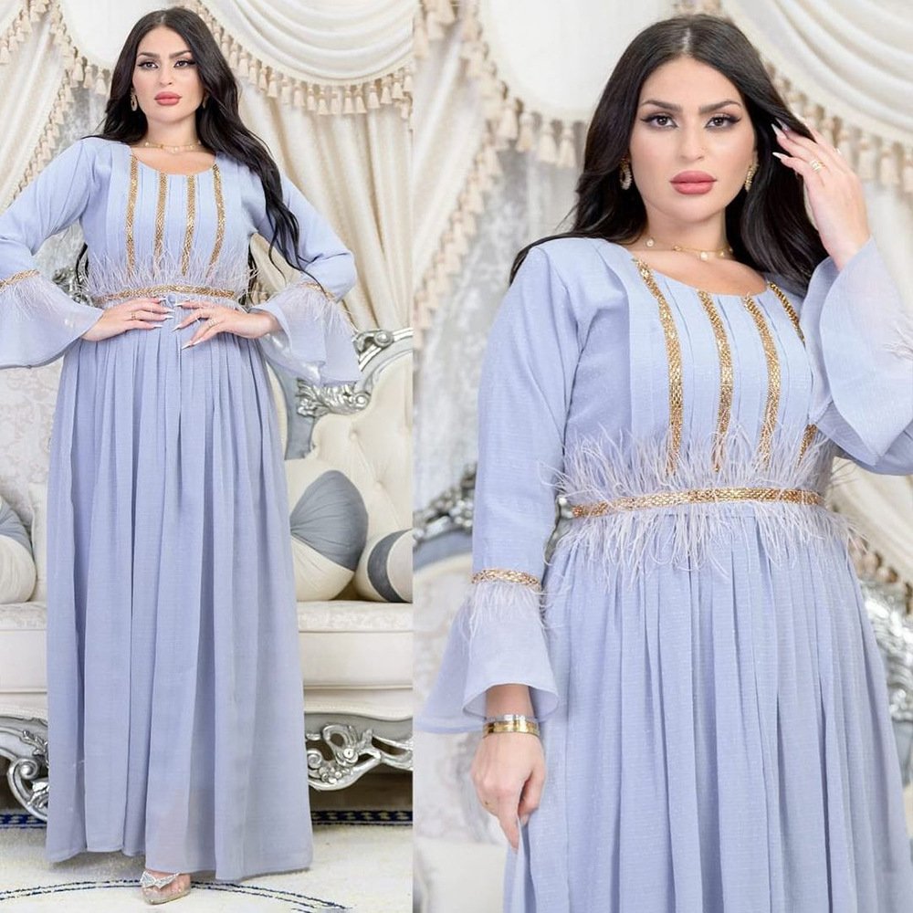 Z-15 New feather drill chiffon robe with belt Crewneck summer Abaya women Muslim dresses
