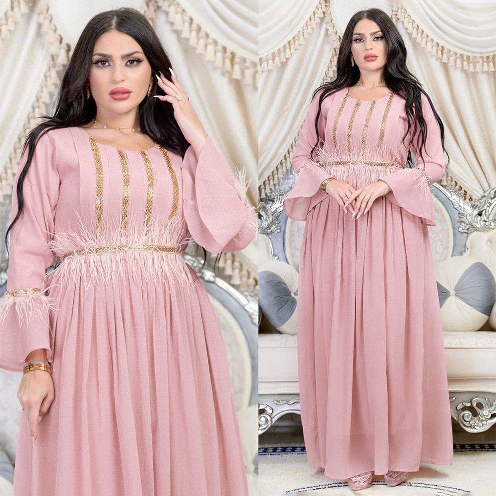 Z-15 New feather drill chiffon robe with belt Crewneck summer Abaya women Muslim dresses