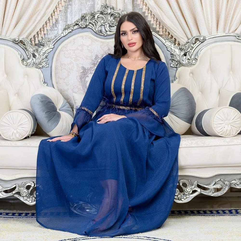 Z-15 New feather drill chiffon robe with belt Crewneck summer Abaya women Muslim dresses