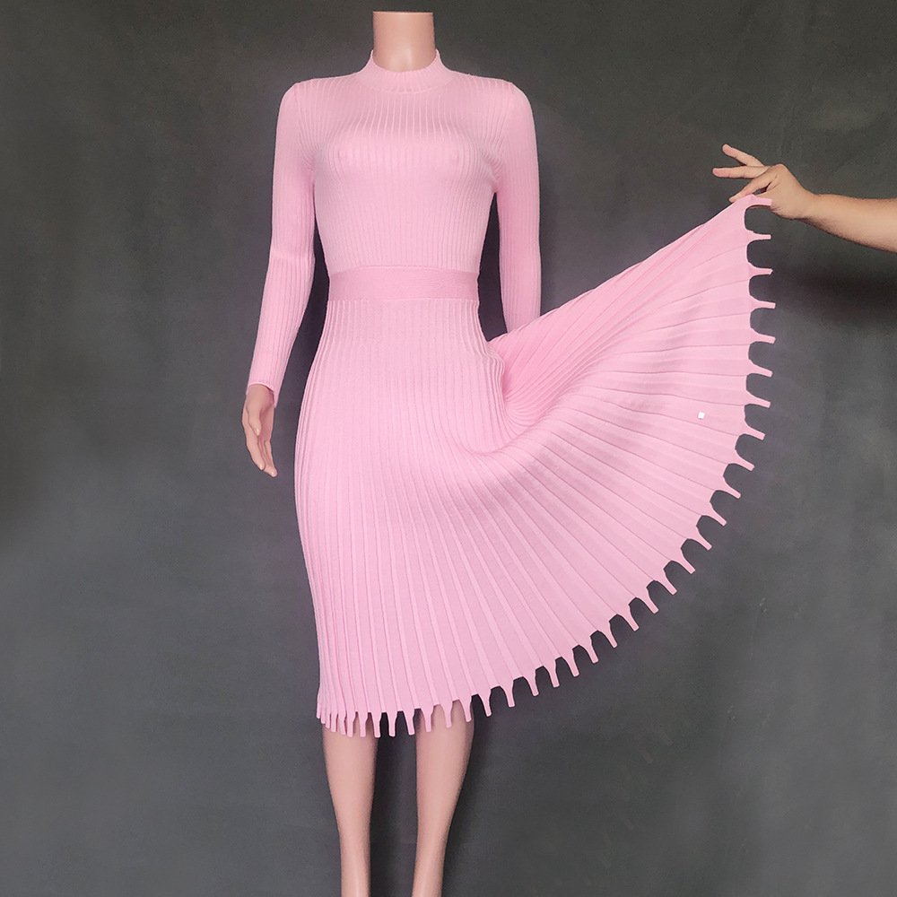 Hot sale new womens clothes casual dresses fashion mid length womens sweaters solid color pleated sweater dress