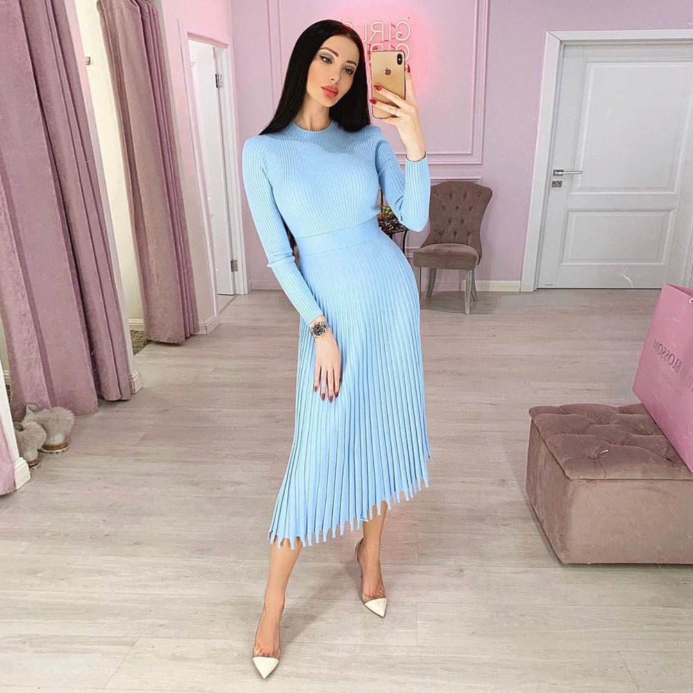 Hot sale new womens clothes casual dresses fashion mid length womens sweaters solid color pleated sweater dress