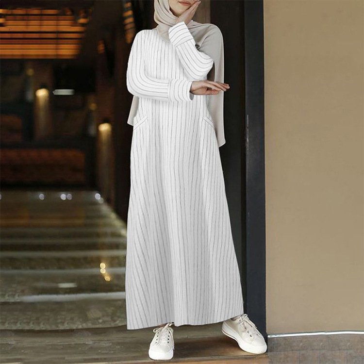 S-5Xl Muslim Women'S Dress Retro Large Fashion Women'S Casual Dress Long-Sleeved Striped Cotton Linen Dress