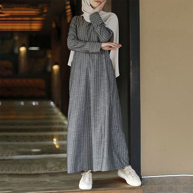 S-5Xl Muslim Women'S Dress Retro Large Fashion Women'S Casual Dress Long-Sleeved Striped Cotton Linen Dress