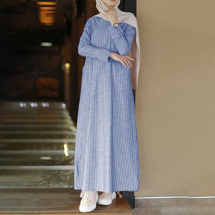 S-5Xl Muslim Women'S Dress Retro Large Fashion Women'S Casual Dress Long-Sleeved Striped Cotton Linen Dress
