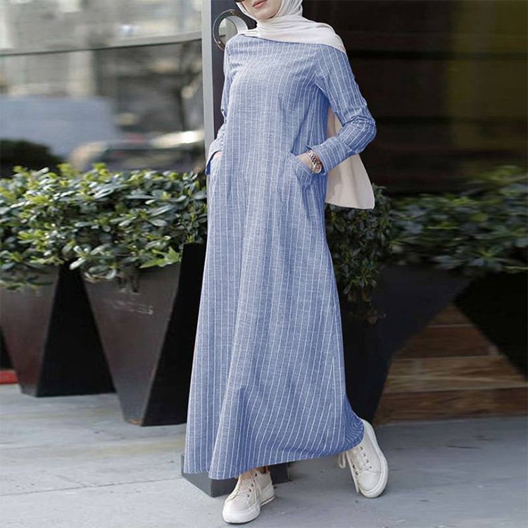 S-5Xl Muslim Women'S Dress Retro Large Fashion Women'S Casual Dress Long-Sleeved Striped Cotton Linen Dress