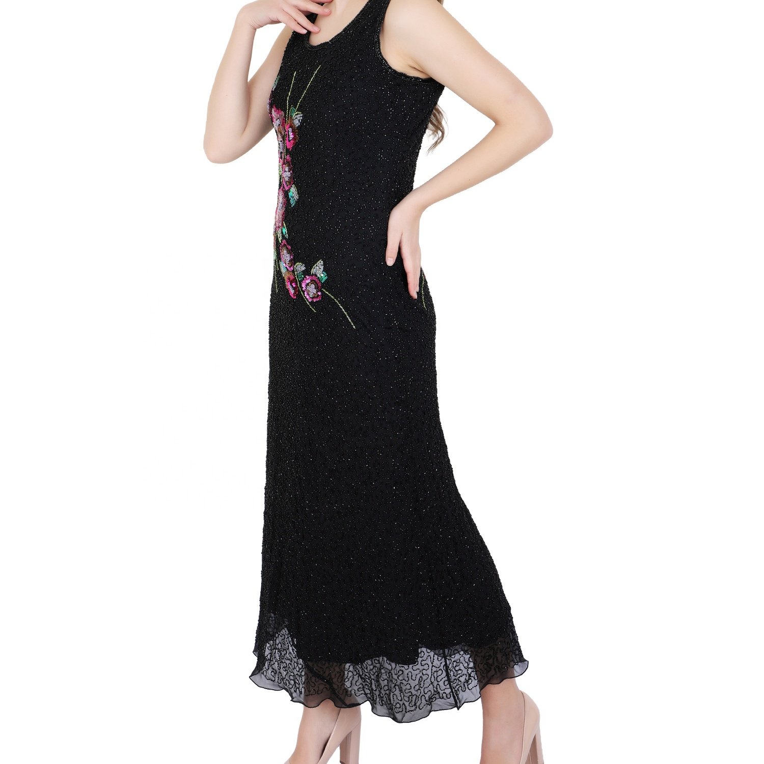 New Designer Elegant Women's Slim Fit Hand Embroidered Evening Cocktail Party Wear Dress Classic Style Long Length Size