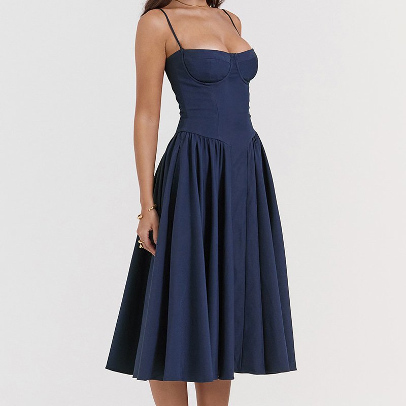 OEM Custom Fall Clothing Plain Color Pleated Square Neck Women Casual Elegant Dresses