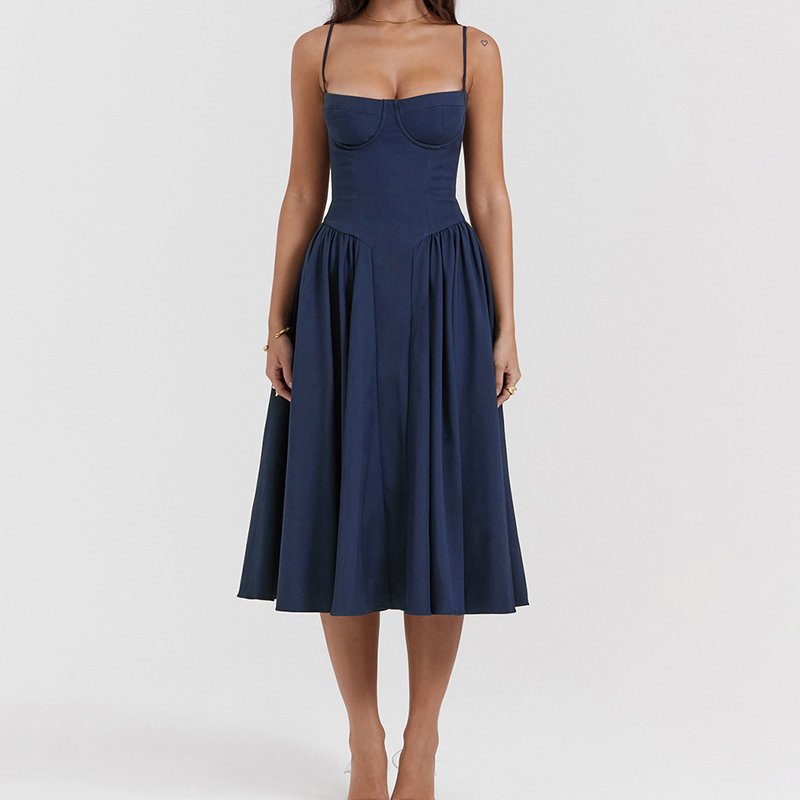 OEM Custom Fall Clothing Plain Color Pleated Square Neck Women Casual Elegant Dresses