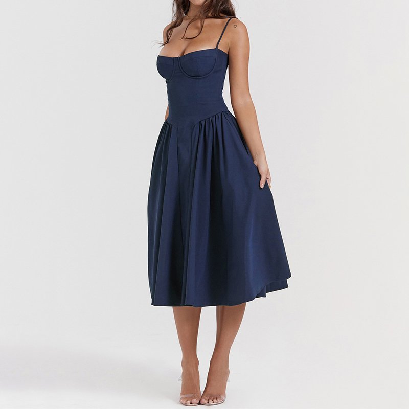 OEM Custom Fall Clothing Plain Color Pleated Square Neck Women Casual Elegant Dresses