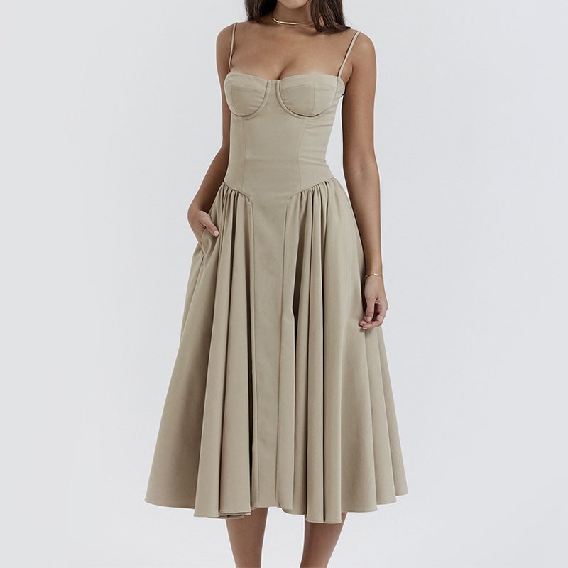 OEM Custom Fall Clothing Plain Color Pleated Square Neck Women Casual Elegant Dresses