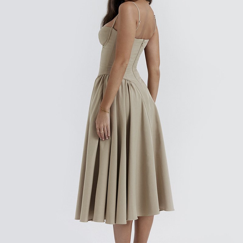 OEM Custom Fall Clothing Plain Color Pleated Square Neck Women Casual Elegant Dresses