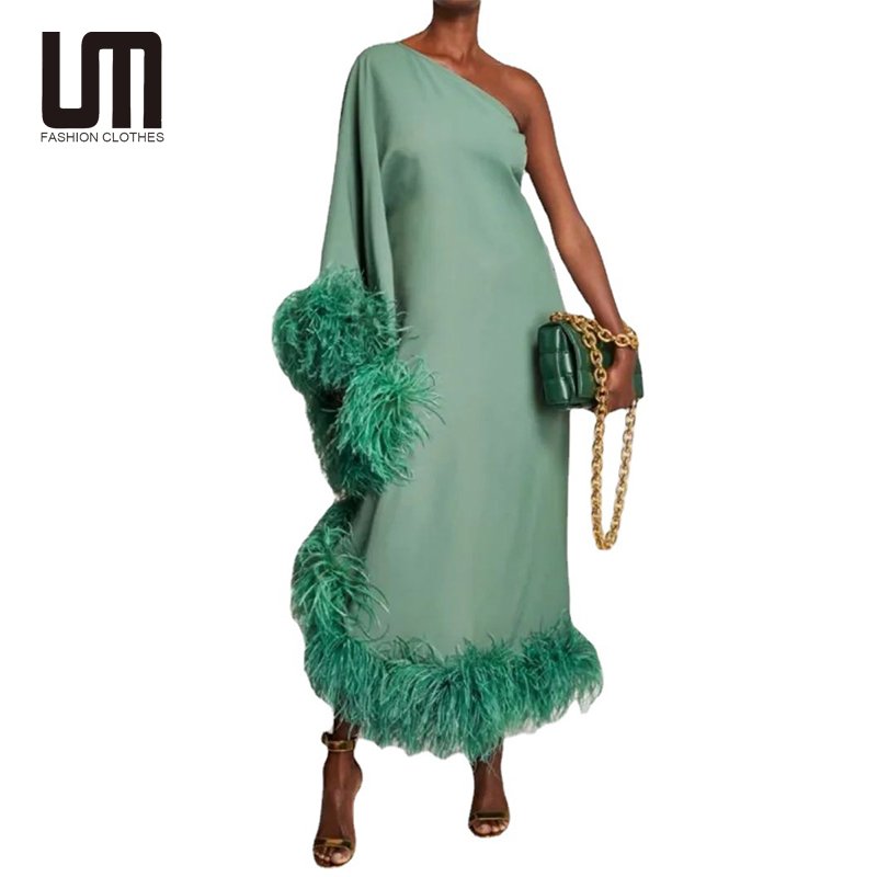 Liu Ming Fashion Summer Women Sexy One Shoulder Feathers Solid Color Party Long Dress