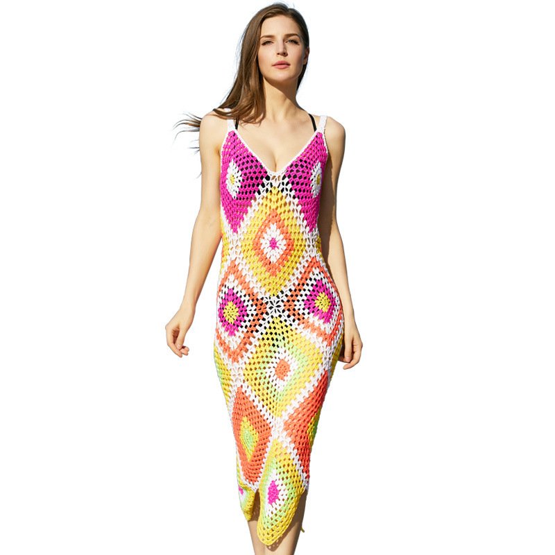 Crochet Handmade Summer Dress Knit Hook Flower Simple Sleeveless Knitted Casual Handmade Crochet Dress Women