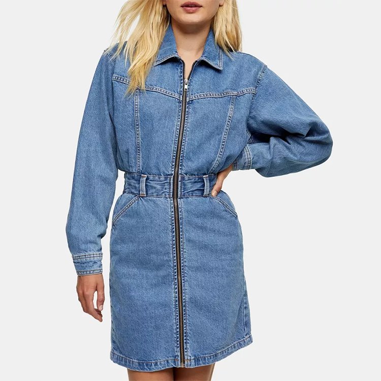 Wholesale OEM Custom Ladies Denim Shirts Dress Women Zip Up Jean Dress Long Sleeve Denim Dresses