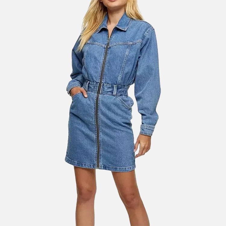 Wholesale OEM Custom Ladies Denim Shirts Dress Women Zip Up Jean Dress Long Sleeve Denim Dresses