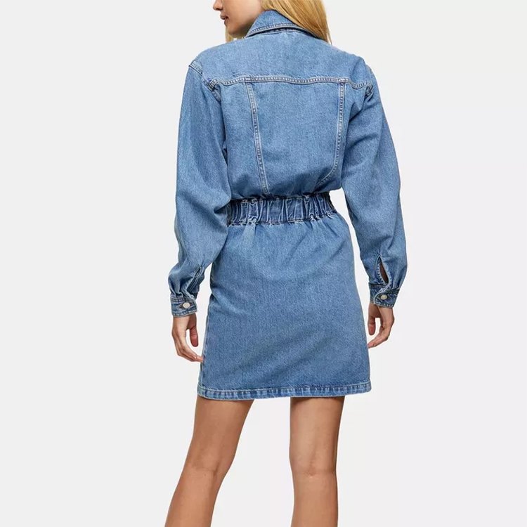 Wholesale OEM Custom Ladies Denim Shirts Dress Women Zip Up Jean Dress Long Sleeve Denim Dresses