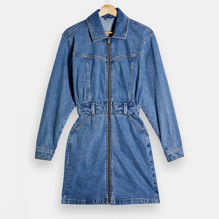 Wholesale OEM Custom Ladies Denim Shirts Dress Women Zip Up Jean Dress Long Sleeve Denim Dresses