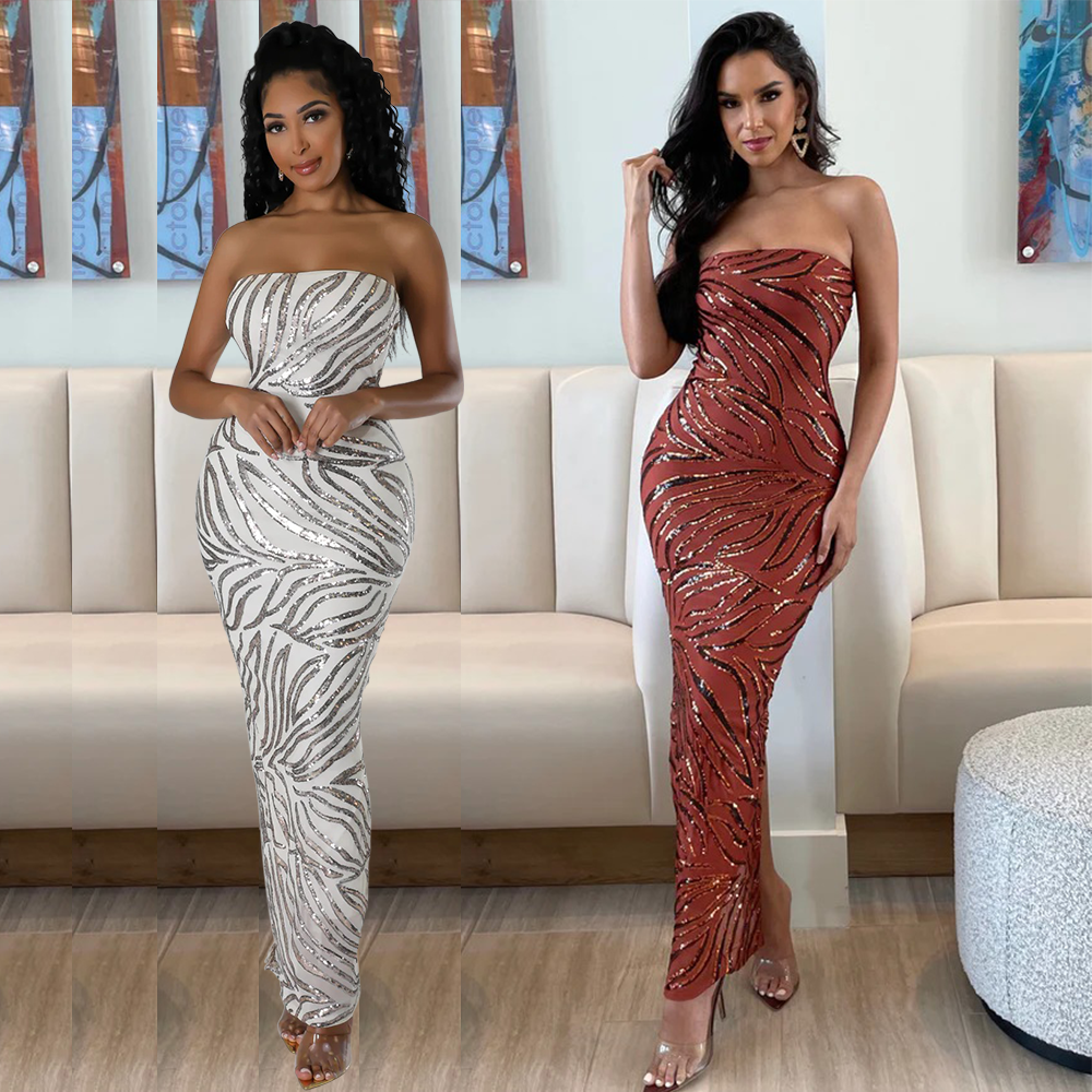 CHUNYA 900934 Sleeveless Tube Top Casual Dress Off Shoulder Back Split Leaf Pattern Street Vestidos Dresses Women