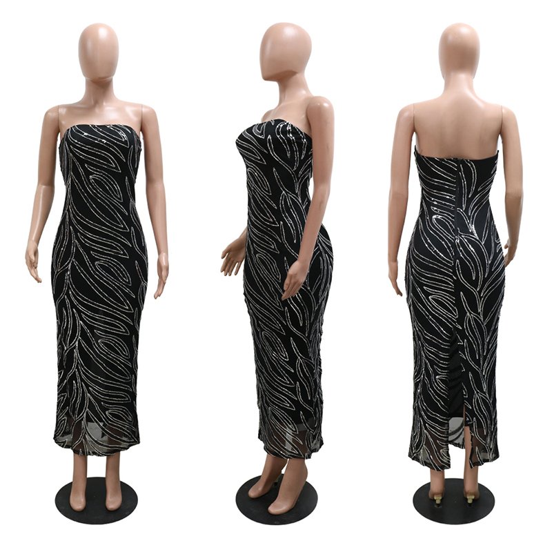CHUNYA 900934 Sleeveless Tube Top Casual Dress Off Shoulder Back Split Leaf Pattern Street Vestidos Dresses Women