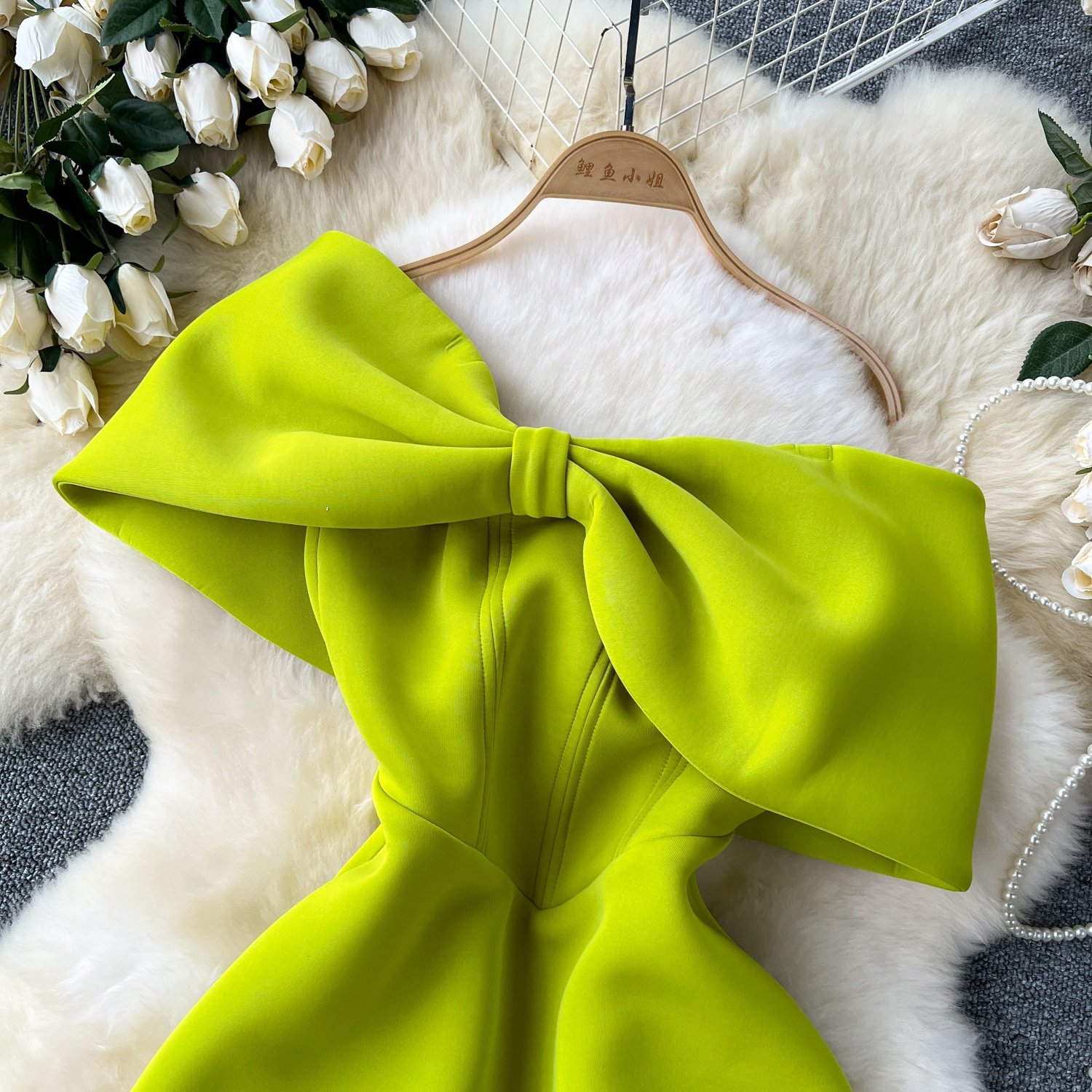 Slash Neck Short Sleeve Patchwork Bowknot High Waist Mini Pink Dress For Women