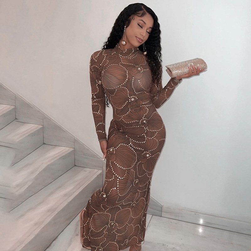 wholesale crystal beaded mesh dress club evening dress casual dresses sexy womans clothing 2023 spring summer new arrival