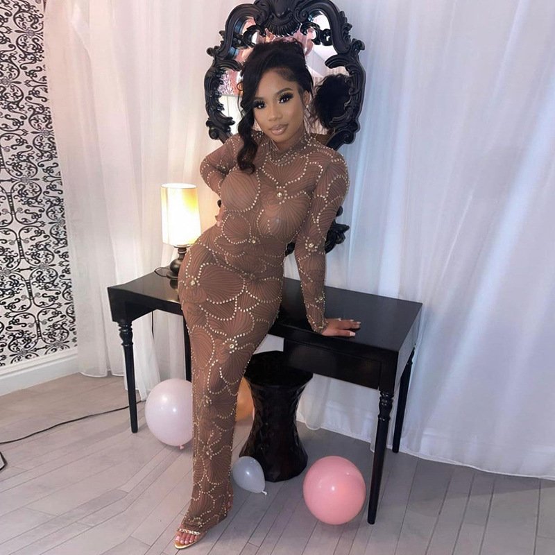 wholesale crystal beaded mesh dress club evening dress casual dresses sexy womans clothing 2023 spring summer new arrival