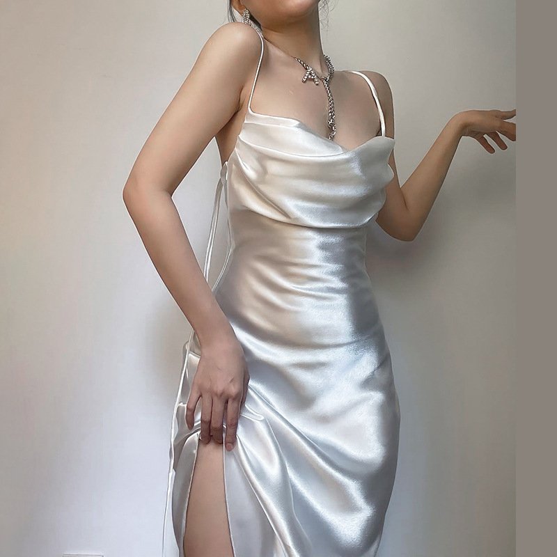 Silk Satin Elegant Sleeveless Straps Dresses Women Sexy Stacked Irregular Summer Party Dresses for Women