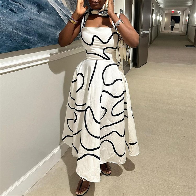 Casual dress womens clothing v-neck printed slit pleated womens dresses