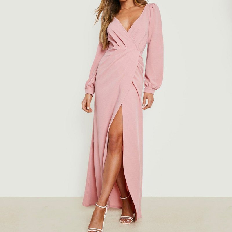 high quality fashion puff sleeve v neck collect waist side split maxi elegant party dress