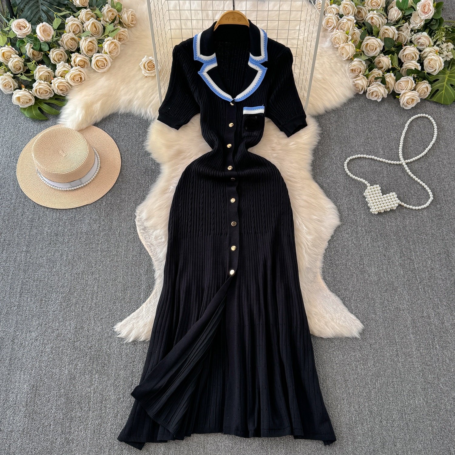 2024 Summer Women's Polo Neck Short Sleeve Long Clashing Colour Sweater Knit Casual Dresses