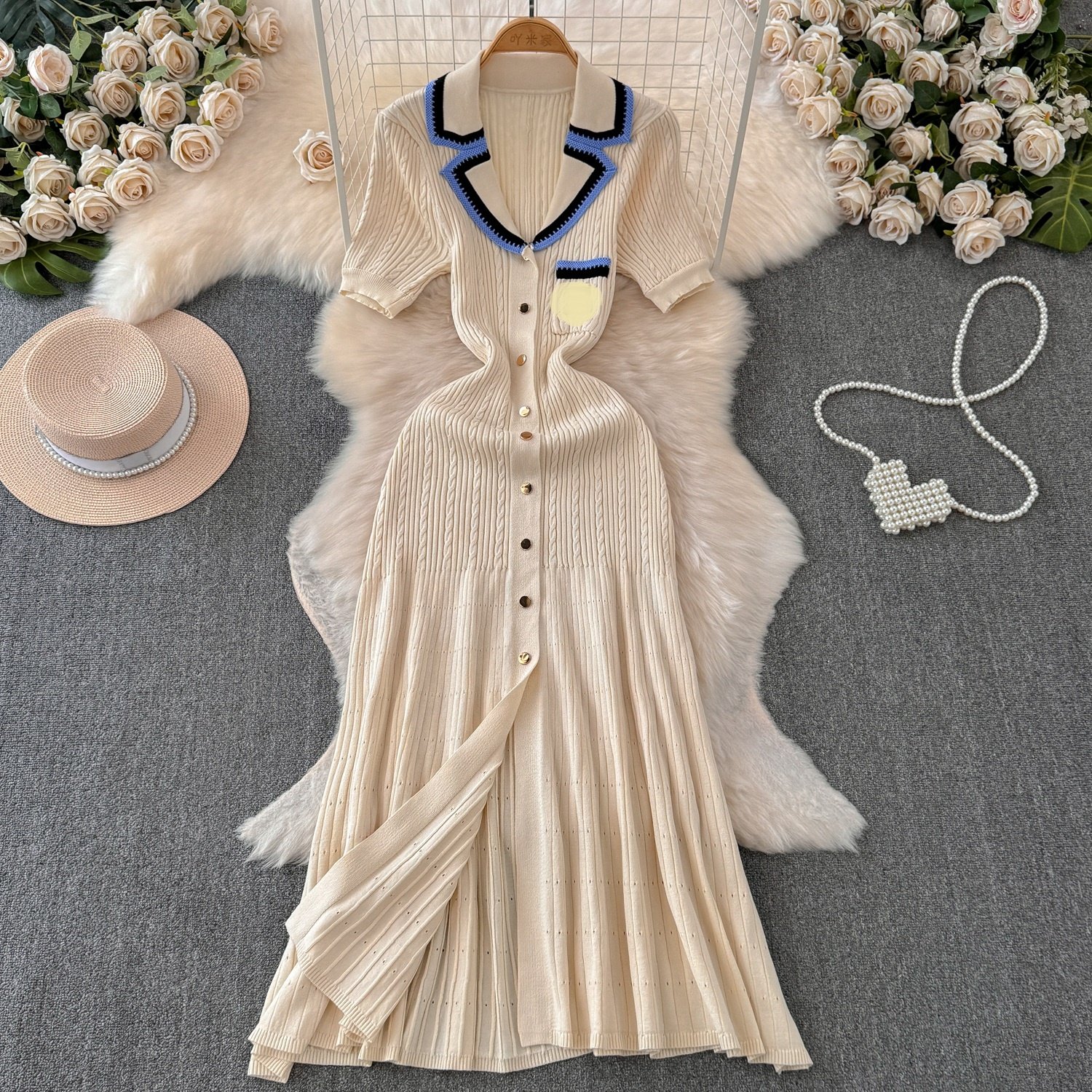 2024 Summer Women's Polo Neck Short Sleeve Long Clashing Colour Sweater Knit Casual Dresses