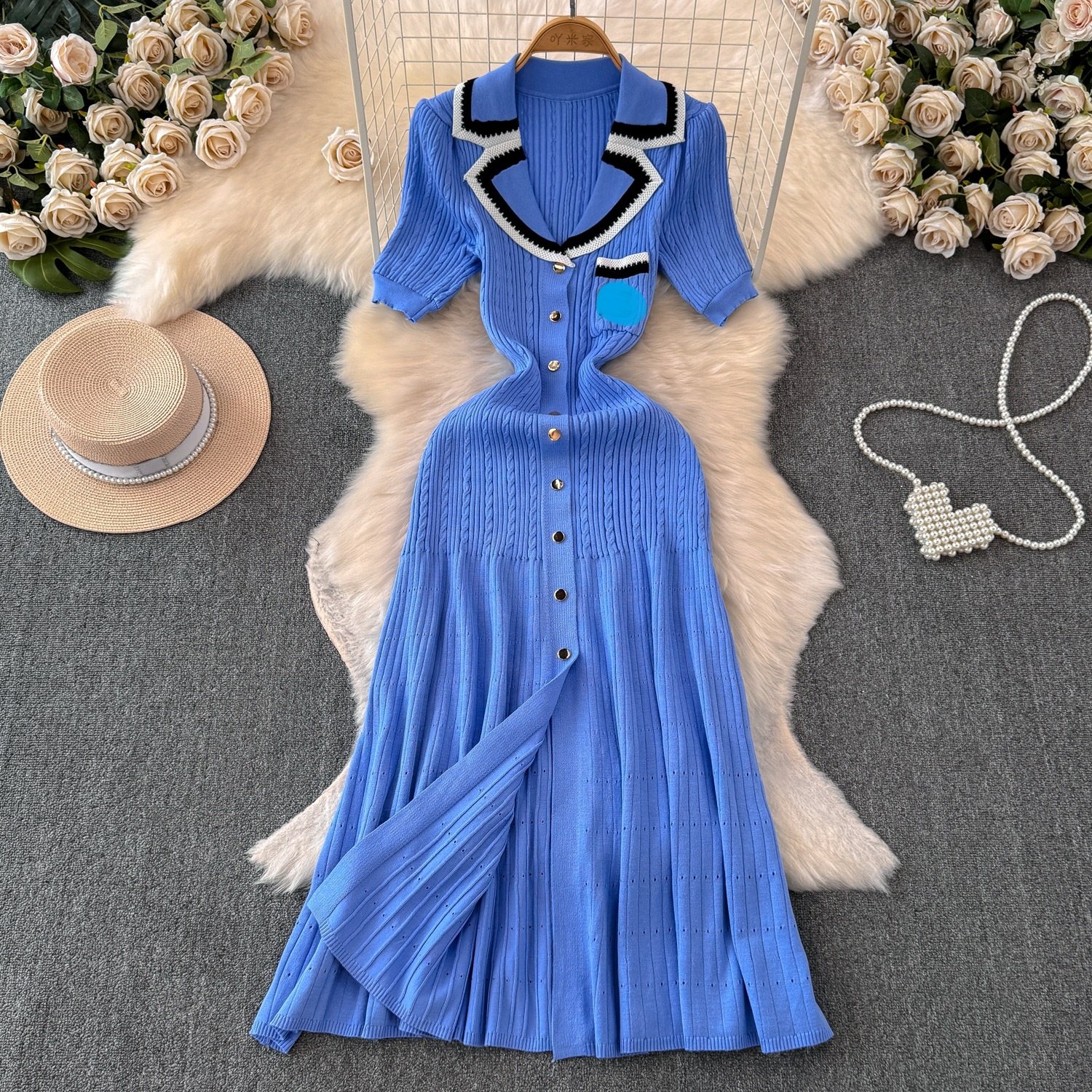 2024 Summer Women's Polo Neck Short Sleeve Long Clashing Colour Sweater Knit Casual Dresses