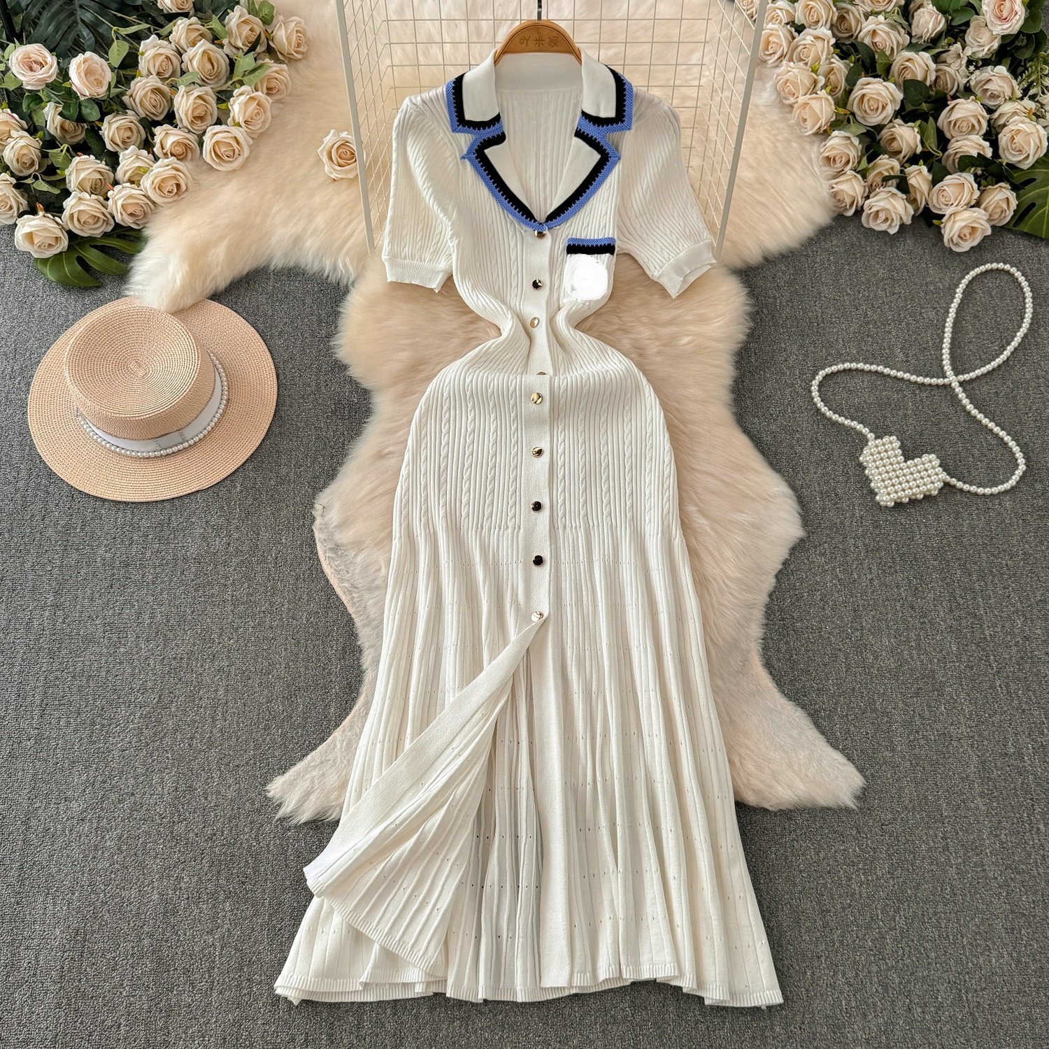 2024 Summer Women's Polo Neck Short Sleeve Long Clashing Colour Sweater Knit Casual Dresses