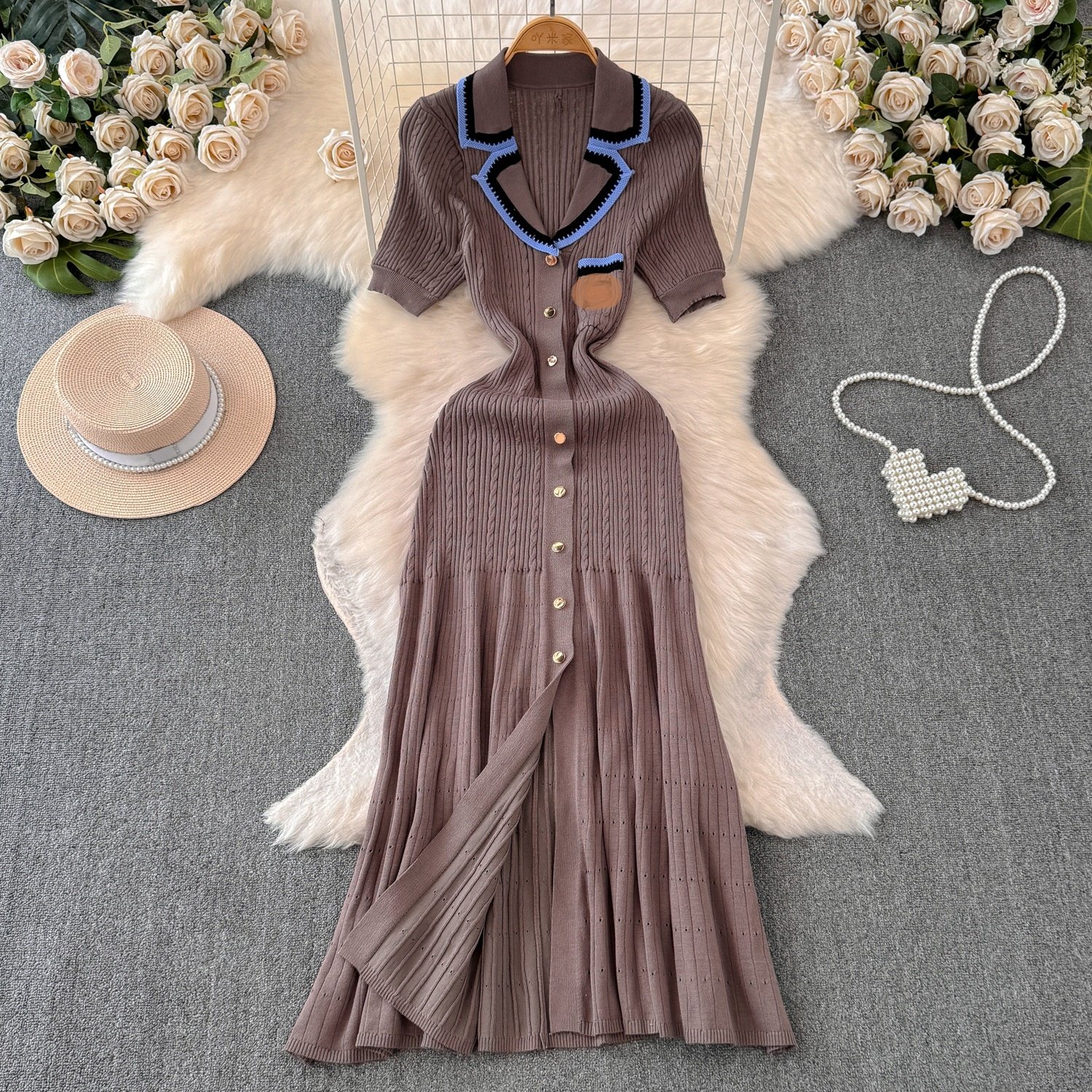 2024 Summer Women's Polo Neck Short Sleeve Long Clashing Colour Sweater Knit Casual Dresses
