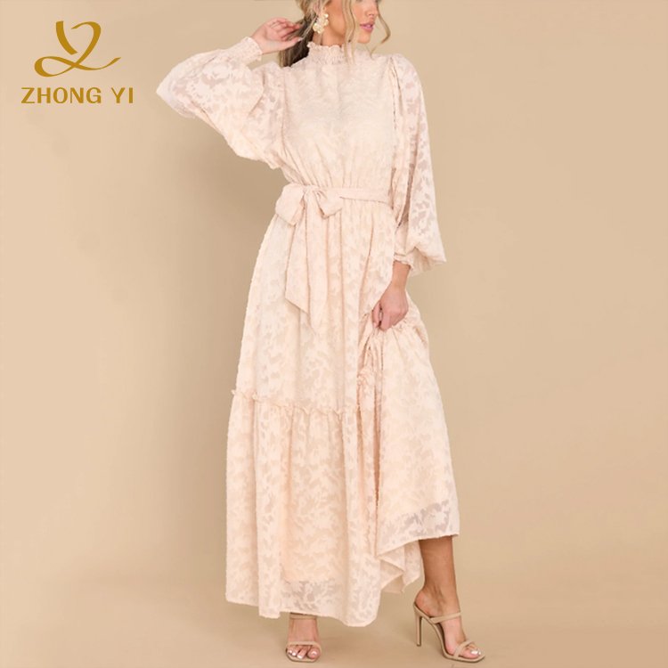 New styles Female Fashion Long Sleeve Vestidos Jacquard Design Lantern Sleeve High Neck Waist Lace Up Women Casual Maxi Dresses