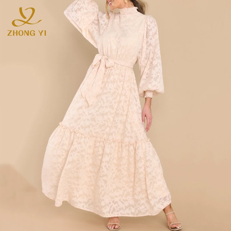 New styles Female Fashion Long Sleeve Vestidos Jacquard Design Lantern Sleeve High Neck Waist Lace Up Women Casual Maxi Dresses