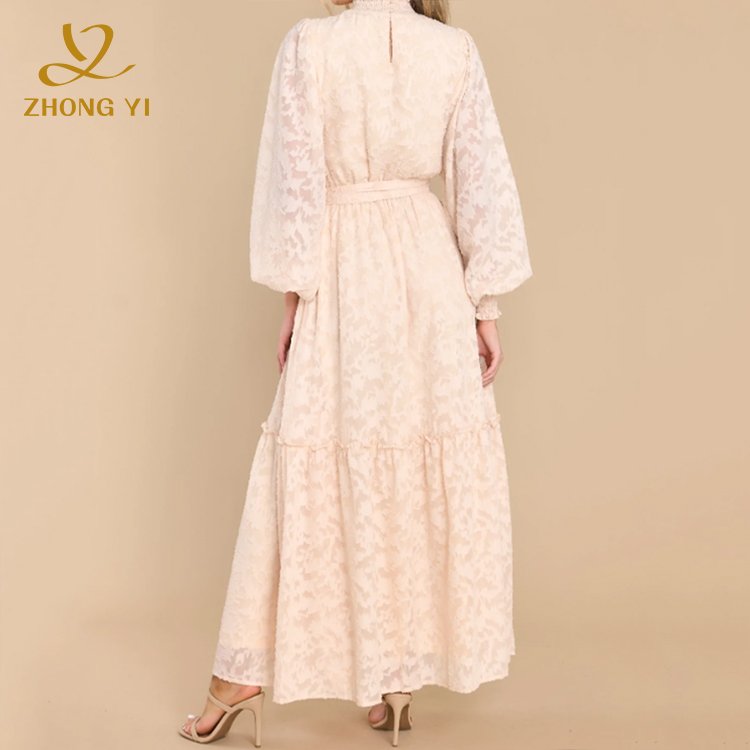 New styles Female Fashion Long Sleeve Vestidos Jacquard Design Lantern Sleeve High Neck Waist Lace Up Women Casual Maxi Dresses