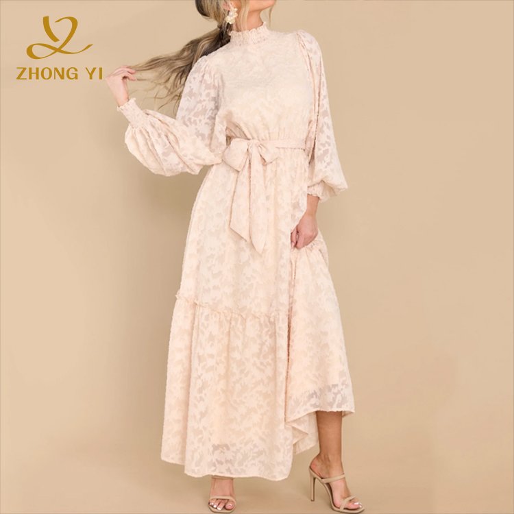New styles Female Fashion Long Sleeve Vestidos Jacquard Design Lantern Sleeve High Neck Waist Lace Up Women Casual Maxi Dresses